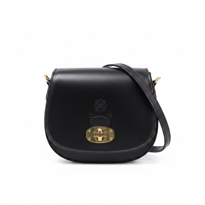 Eclectic Rosa black Italian leather crossbody bag with brushed brass twist-lock hardware and adjustable shoulder strap.
