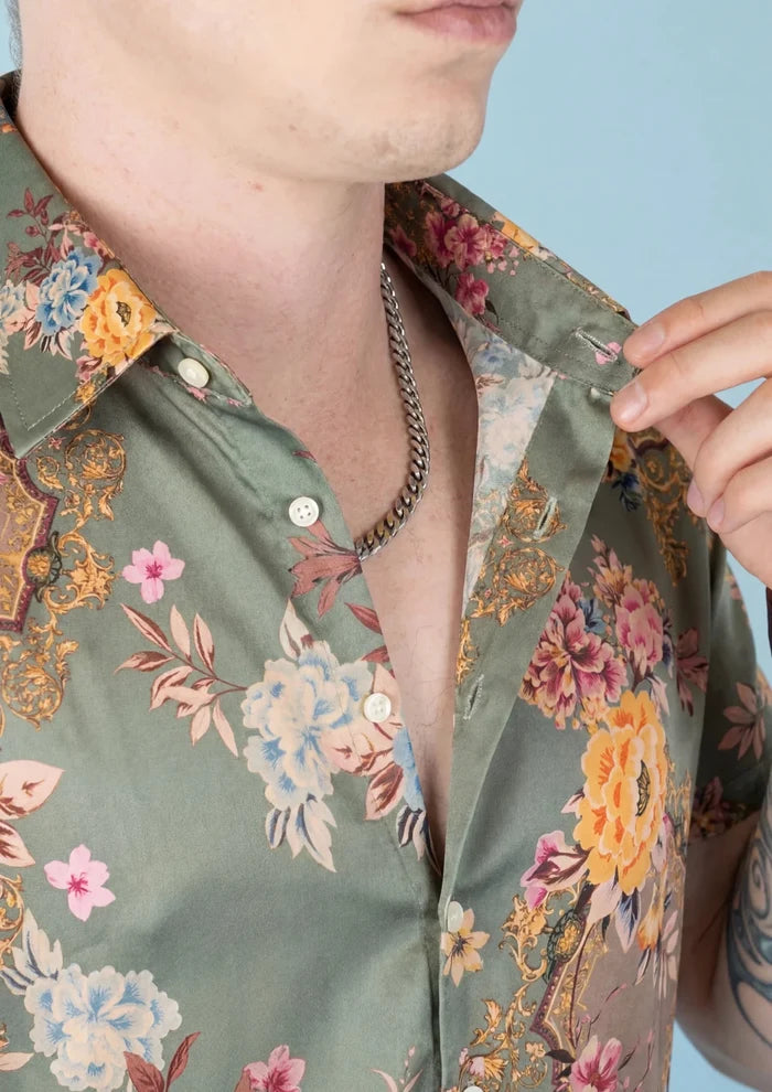 Sage Bouquet Silk Shirt - short-sleeve silk shirt worn open at the collar