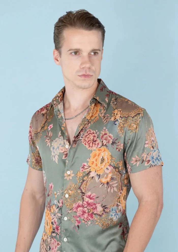 Sage Bouquet Silk Shirt - close-up of collar and floral silk fabric