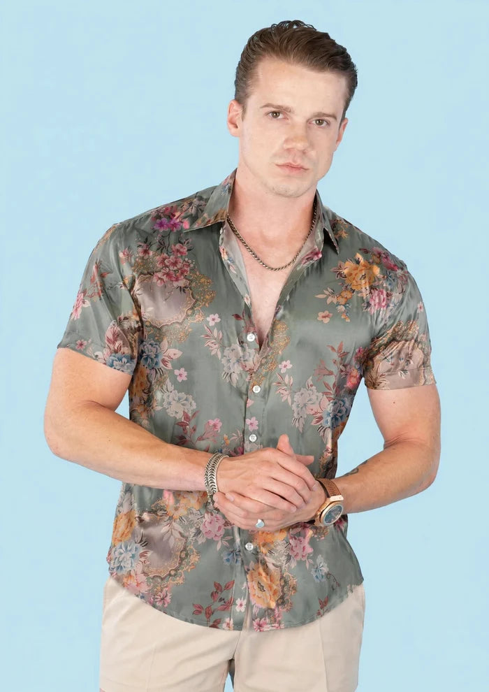 Sage Bouquet Silk Shirt - front view styled with beige shorts