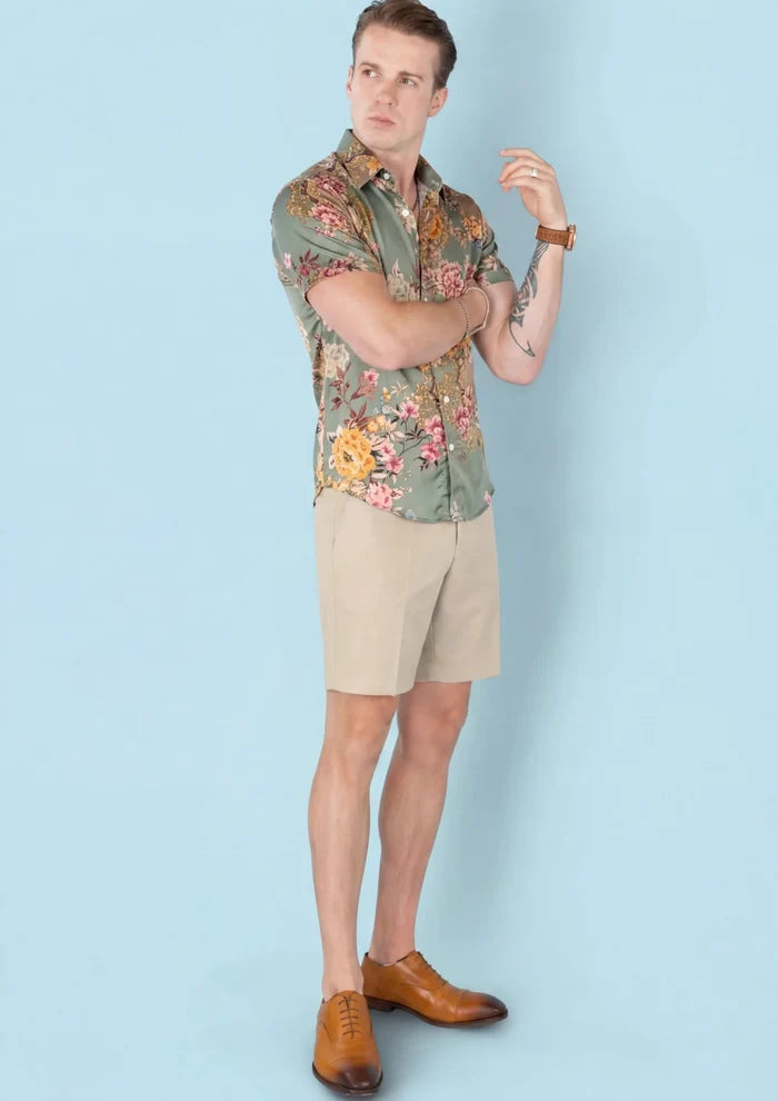 Sage Bouquet Silk Shirt - close-up of sage green and orange floral pattern