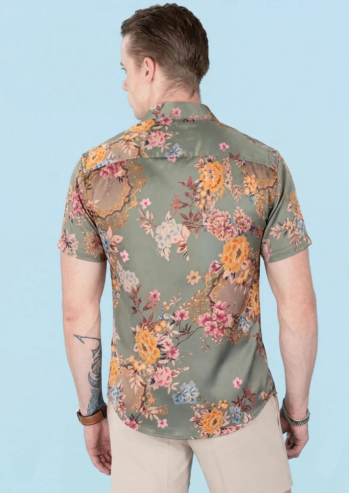Sage Bouquet Silk Shirt - shoulder and short sleeve detail
