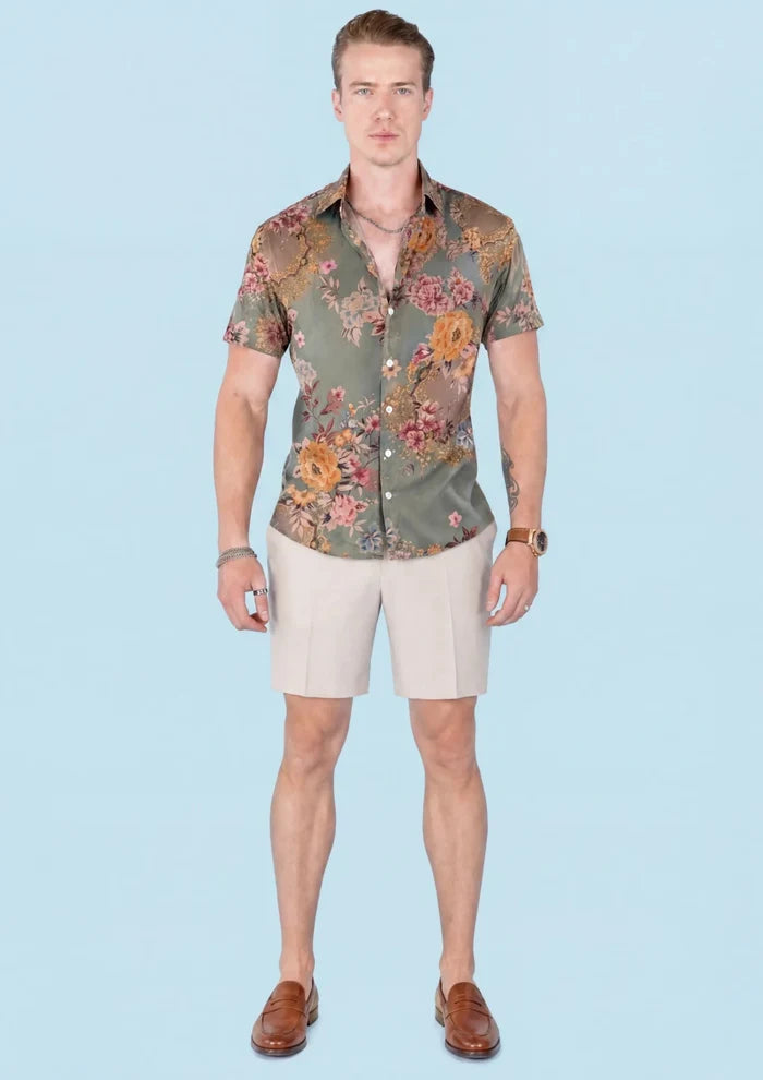 Sage Bouquet Silk Shirt - full outfit, front view