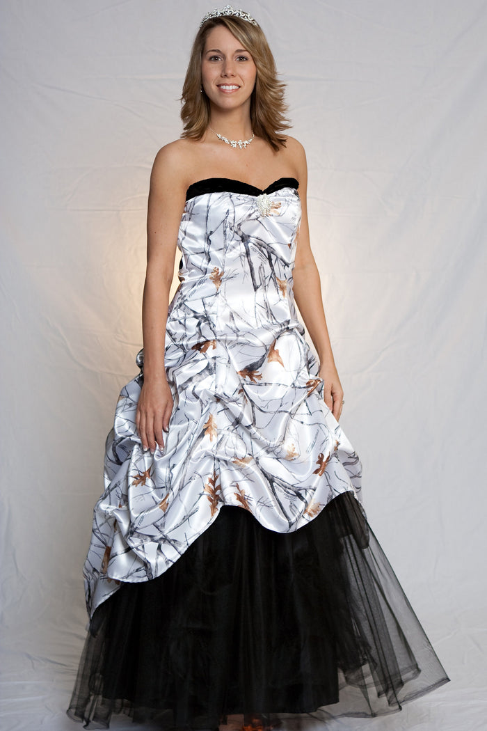 Sale 3011 Strapless Satin Camo Wedding Gown with Tulle, No Train