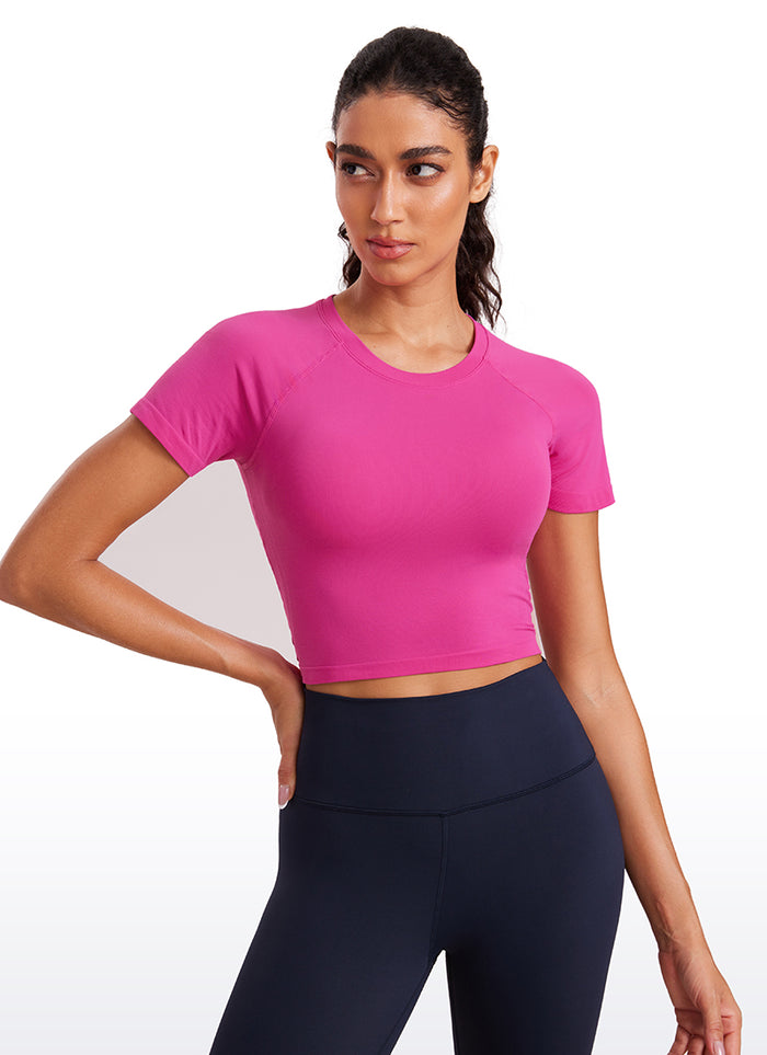 CRZ YOGA Women's Running Slim Fit Shirts Seamless Cropped Short Sleeves Hibiscus Purple