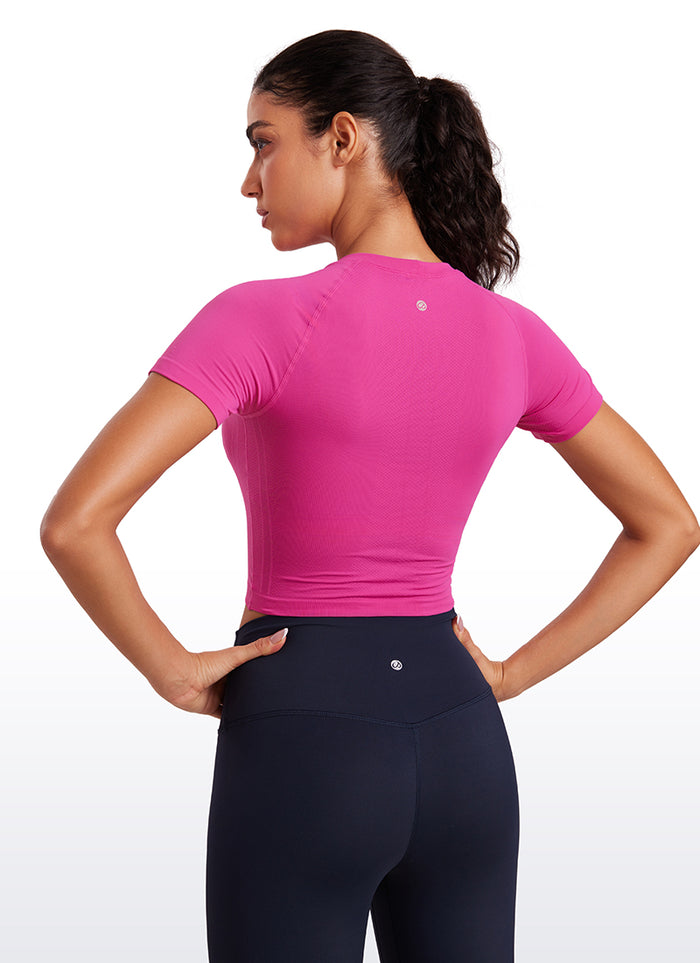 CRZ YOGA Women's Running Slim Fit Shirts Seamless Cropped Short Sleeves Hibiscus Purple