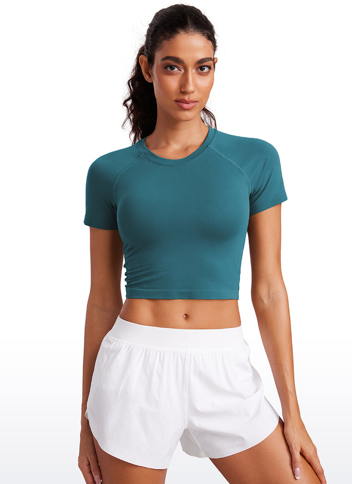 CRZ YOGA Women's Running Slim Fit Shirts Seamless Cropped Short Sleeves Green Jade