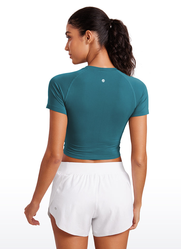 CRZ YOGA Women's Running Slim Fit Shirts Seamless Cropped Short Sleeves Green Jade