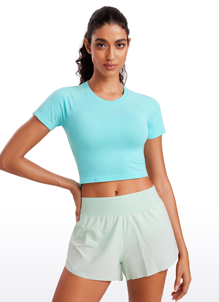 CRZ YOGA Women's Running Slim Fit Shirts Seamless Cropped Short Sleeves Turquoise2