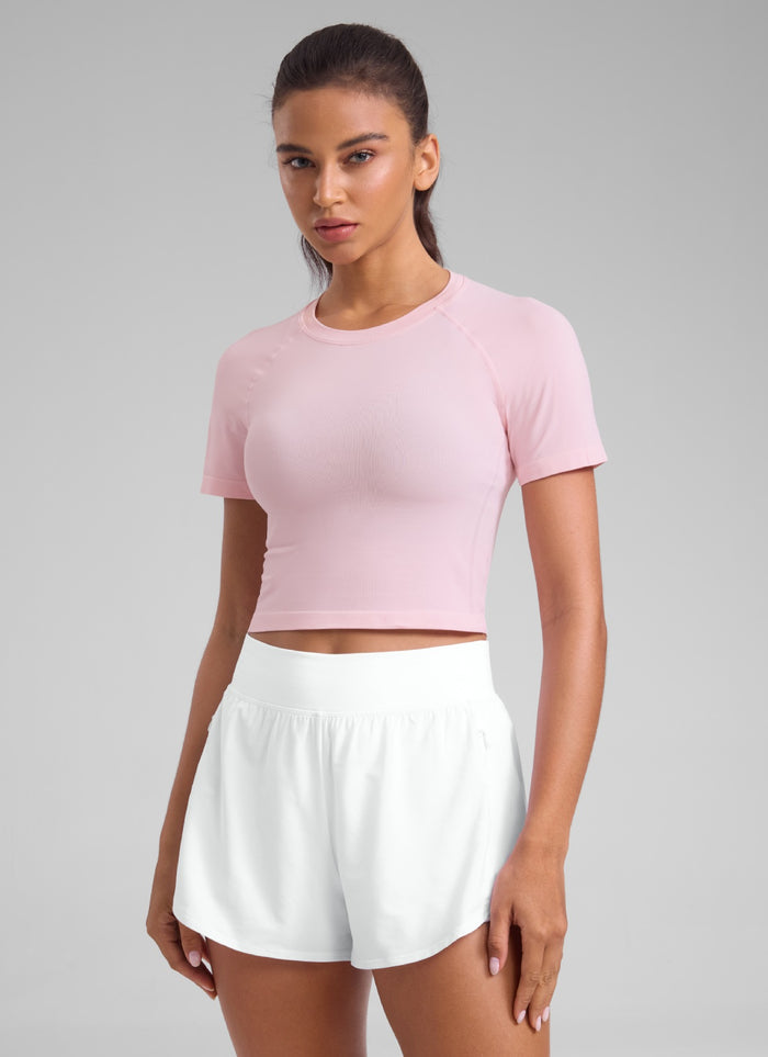 CRZ YOGA Women's Running Slim Fit Shirts Seamless Cropped Short Sleeves Strawberry Pink