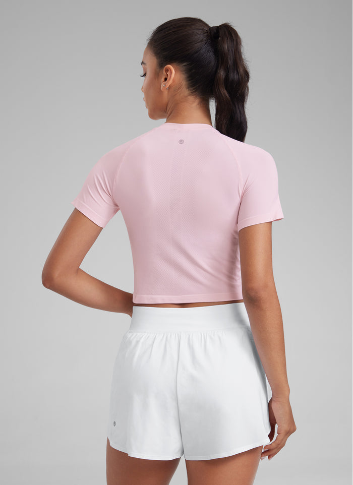 CRZ YOGA Women's Running Slim Fit Shirts Seamless Cropped Short Sleeves Strawberry Pink