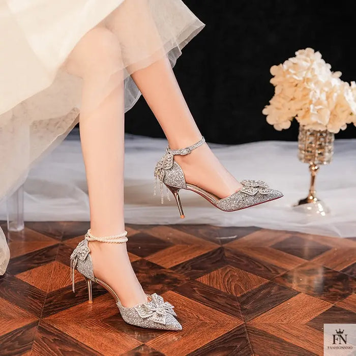 Sequin Rhinestone Tassel Bow Heels - Fashionnsio