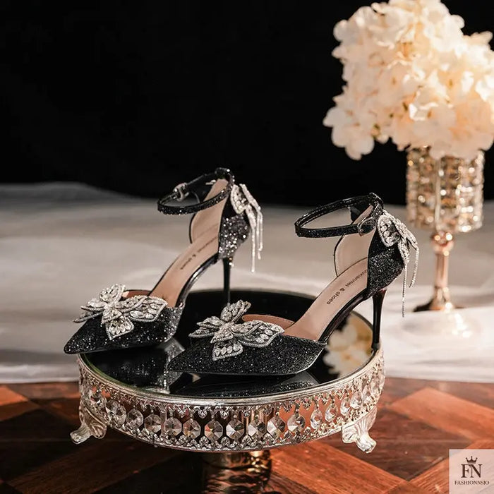Sequin Rhinestone Tassel Bow Heels - Fashionnsio