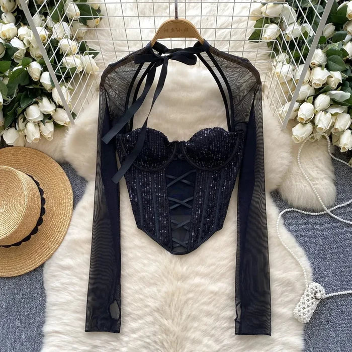 Sequin Ribbon Bow Long Sleeve Party Top fashionnsio