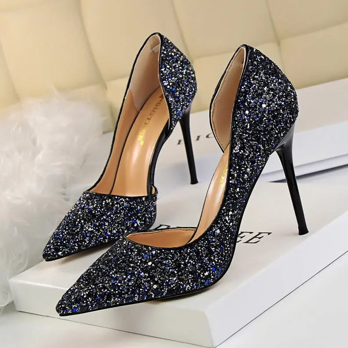 Sequin Side Hollow-out Pointed Heels fashionnsio