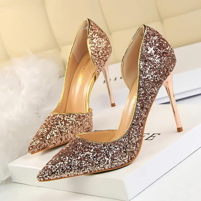 Sequin Side Hollow-out Pointed Heels fashionnsio