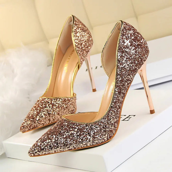 Sequin Side Hollow-out Pointed Heels fashionnsio