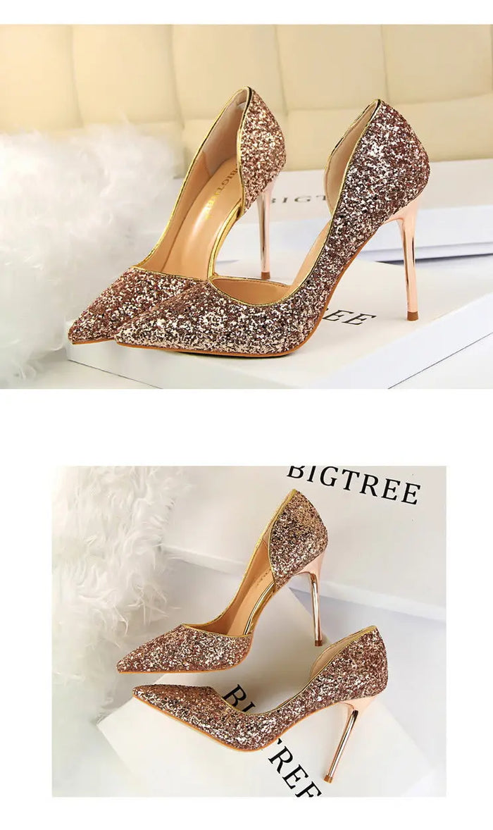 Sequin Side Hollow-out Pointed Heels fashionnsio