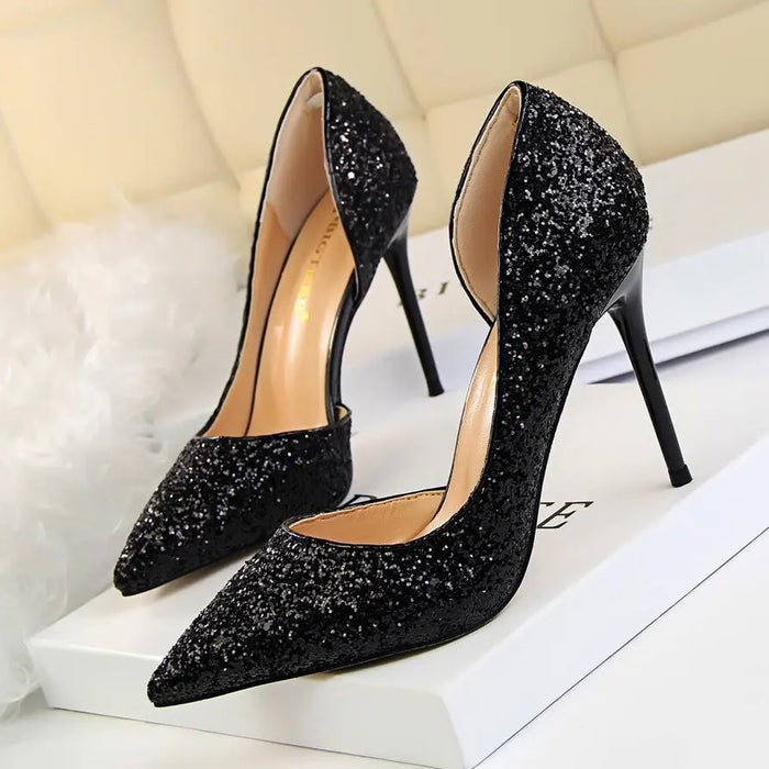 Sequin Side Hollow-out Pointed Heels fashionnsio