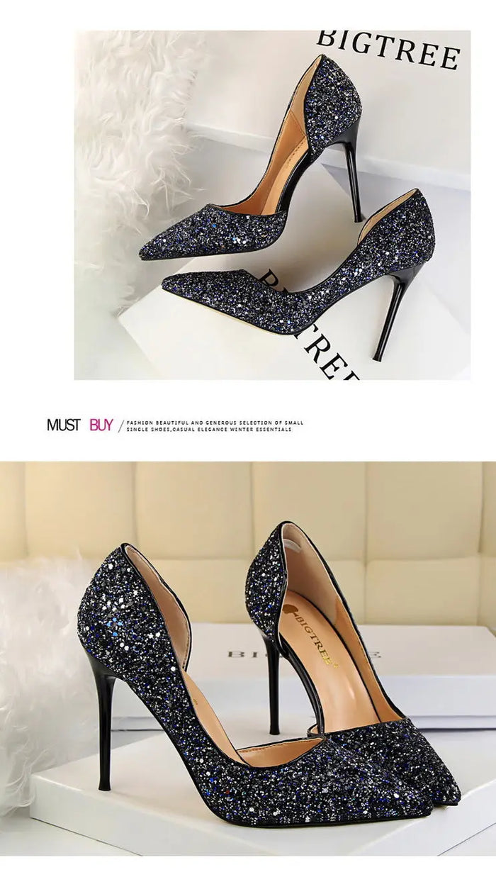 Sequin Side Hollow-out Pointed Heels fashionnsio