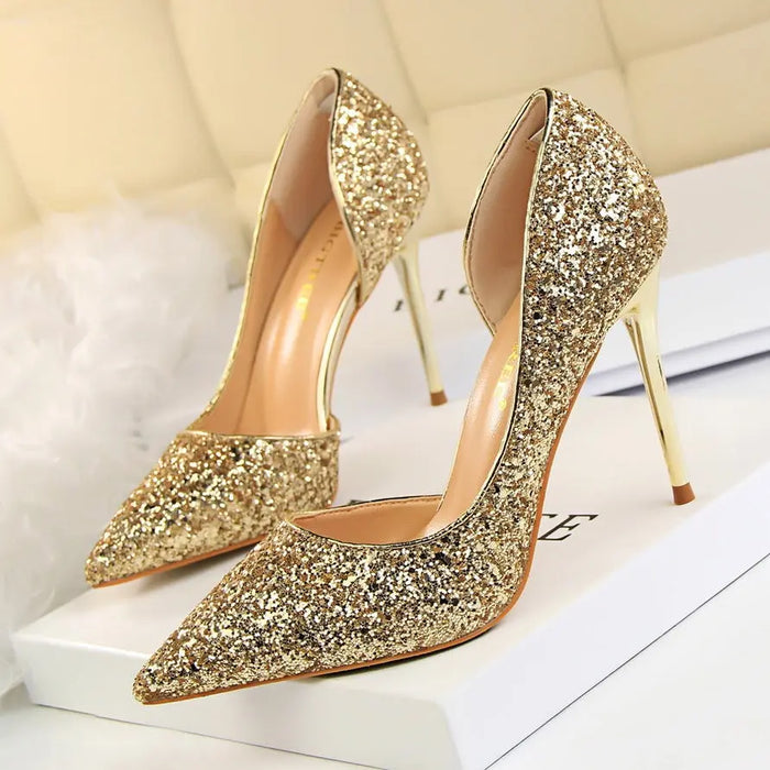 Sequin Side Hollow-out Pointed Heels fashionnsio