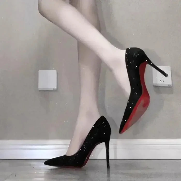 Sequined Pointed Red Bottom Heels - Fashionnsio