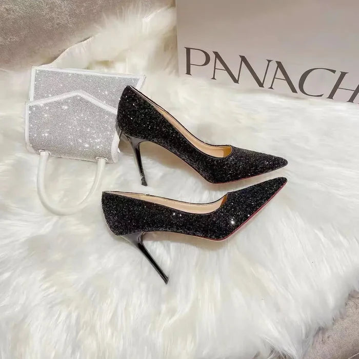 Sequined Pointed Red Bottom Heels - Fashionnsio