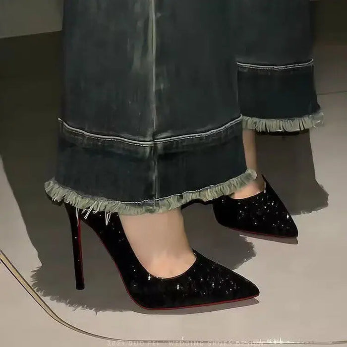 Sequined Pointed Red Bottom Heels - Fashionnsio