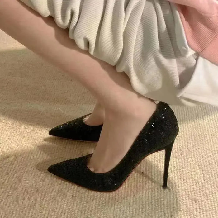 Sequined Pointed Red Bottom Heels - Fashionnsio