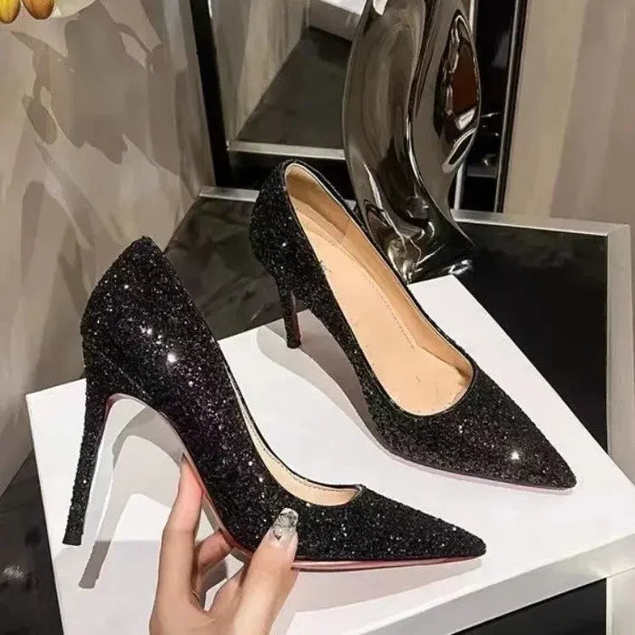 Sequined Pointed Red Bottom Heels - Fashionnsio