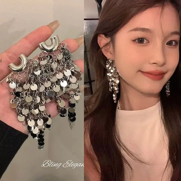 Exaggerated Sequined Tassel Earrings fashionnsio