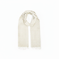A light beige woven scarf with fringed edges, draped in a looped style against a plain white background.