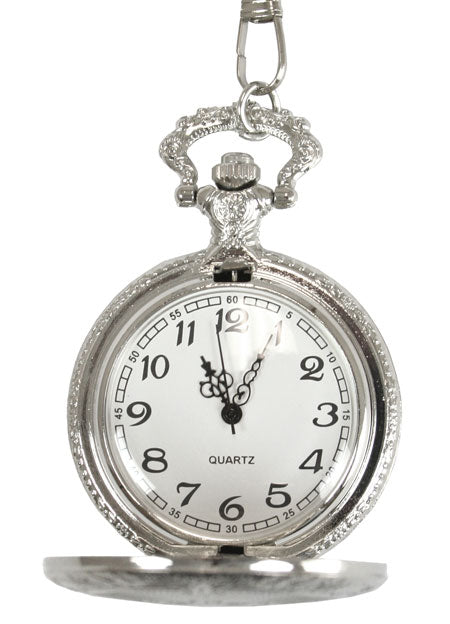 Silver Plated Shield Quartz Pocket Watch with Chain
