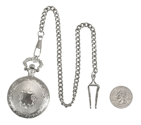 Silver Plated Shield Quartz Pocket Watch with Chain