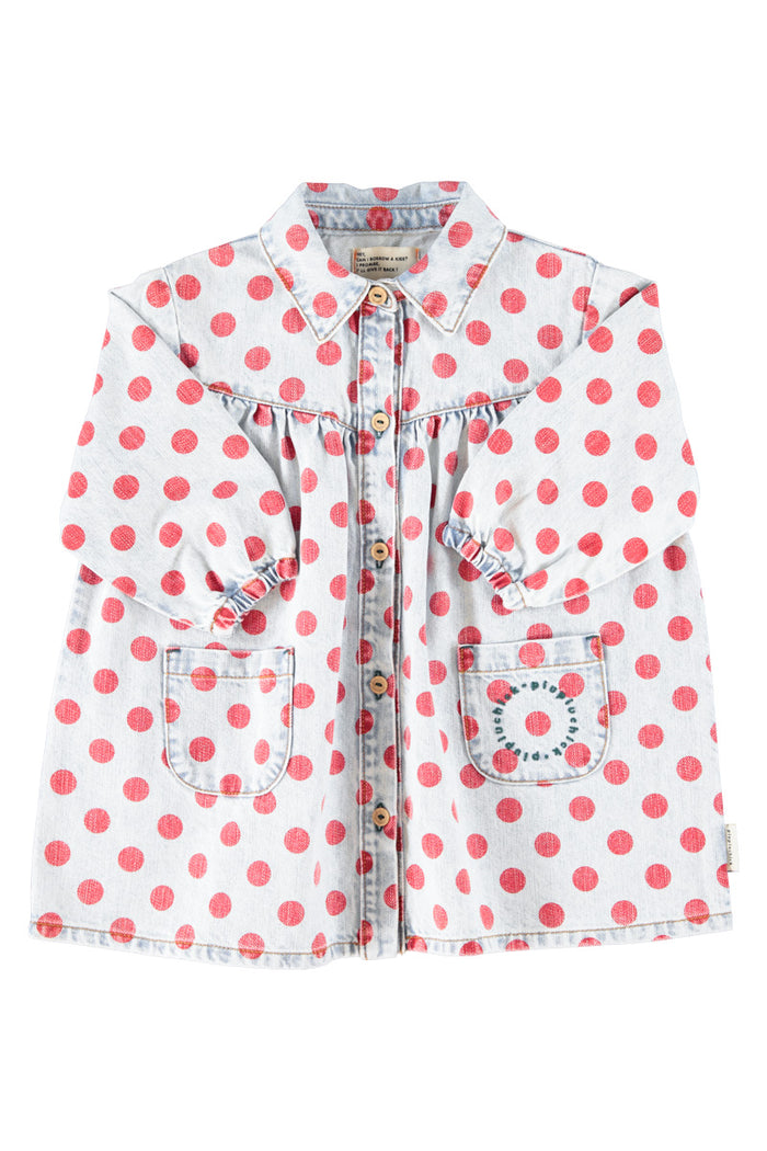 Short Dress Light Blue Denim with Red Dots