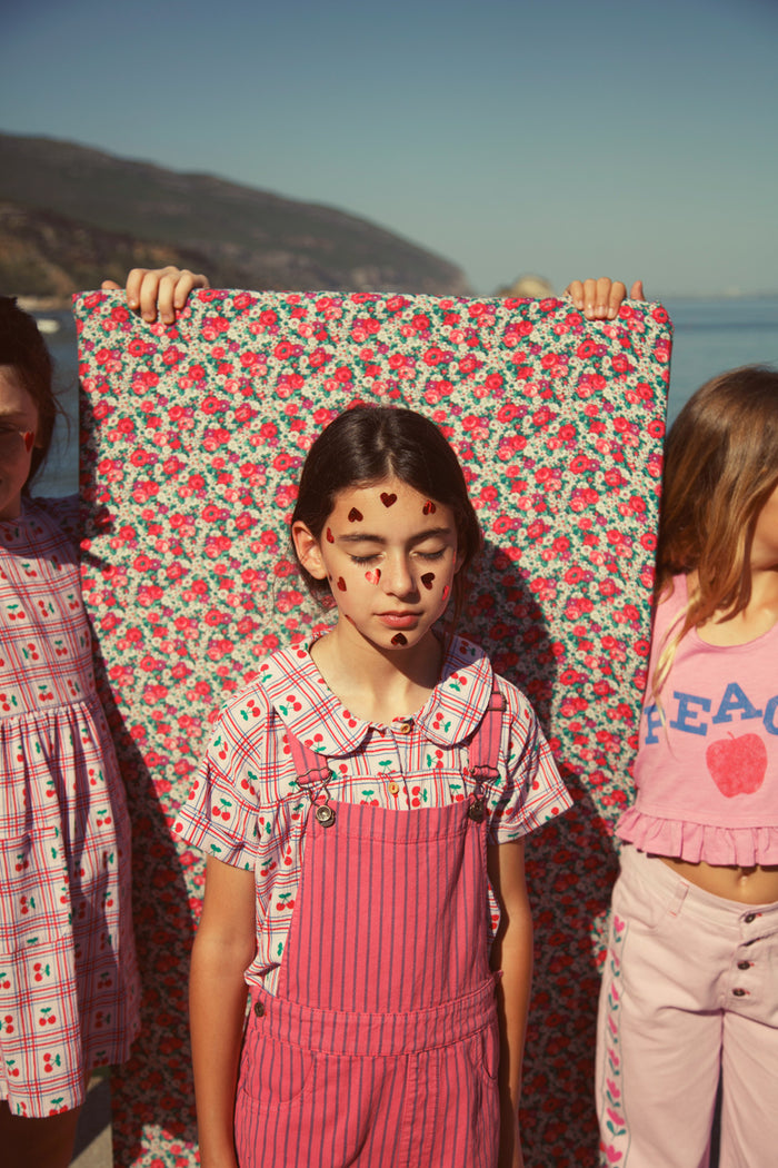 short dungarees | pink w/ indigo stripes