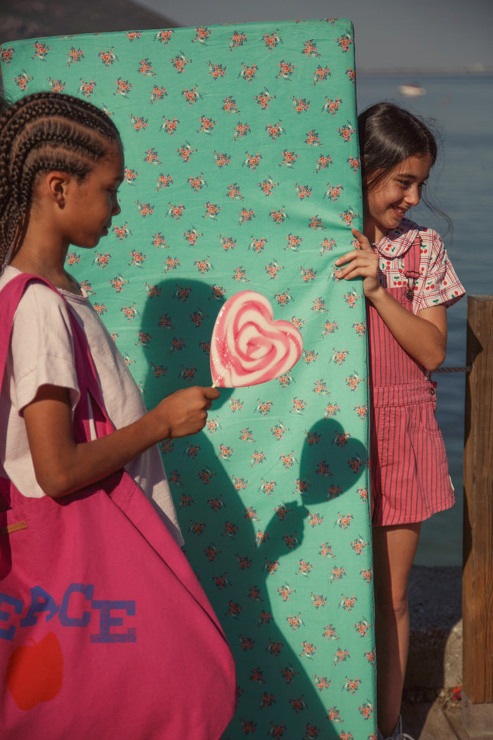 short dungarees | pink w/ indigo stripes