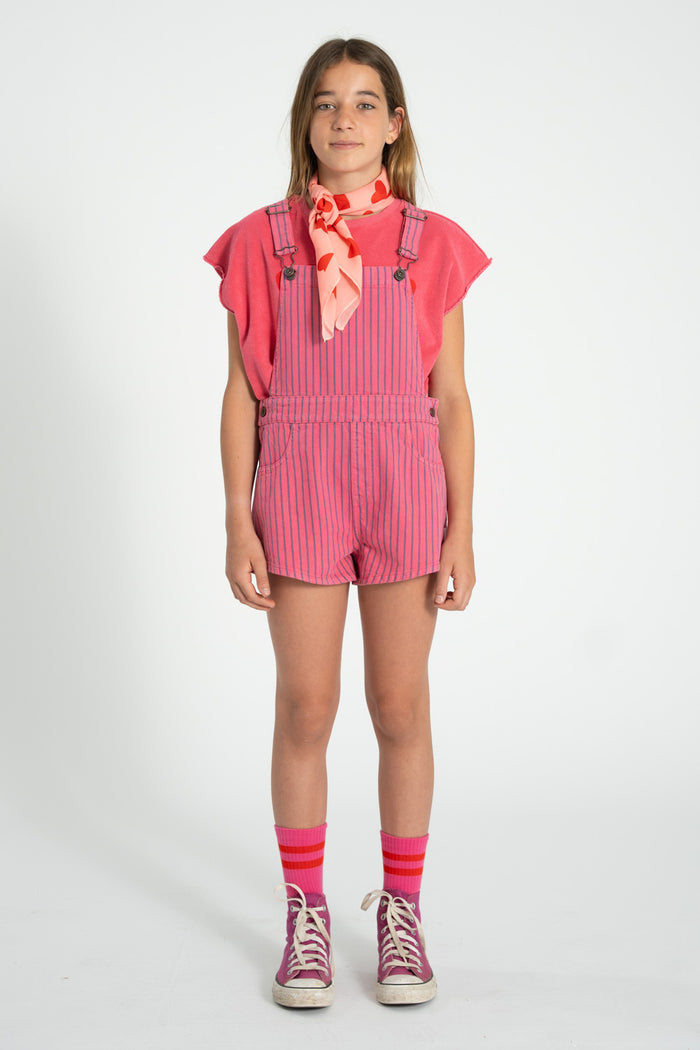 short dungarees | pink w/ indigo stripes