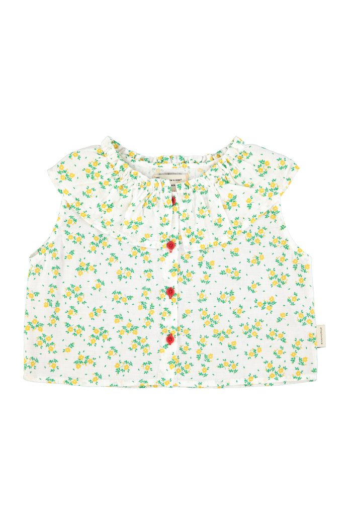 sleeveless blouse w/ collar | ecru w/ yellow flowers allover