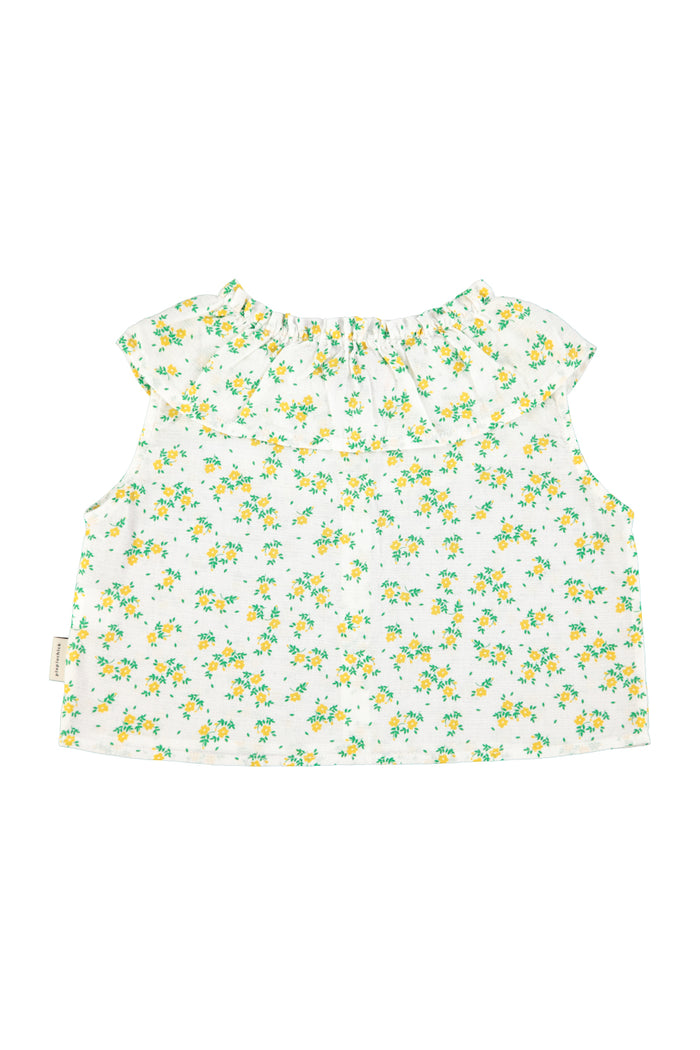 sleeveless blouse w/ collar | ecru w/ yellow flowers allover