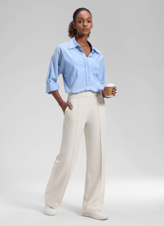 CRZ YOGA Women's SoftAura Casual Mid Rise Pocket Straight Leg Pant 30" Milky White