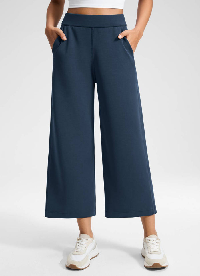 CRZ YOGA Women's SoftAura Casual High Rise Wide Leg Cropped Pant 25" Ink Blue