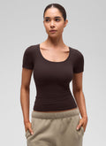 CRZ YOGA Women's Softembrace Casual U Neck Tight Fit Short Sleeve Hot Fudge Brown