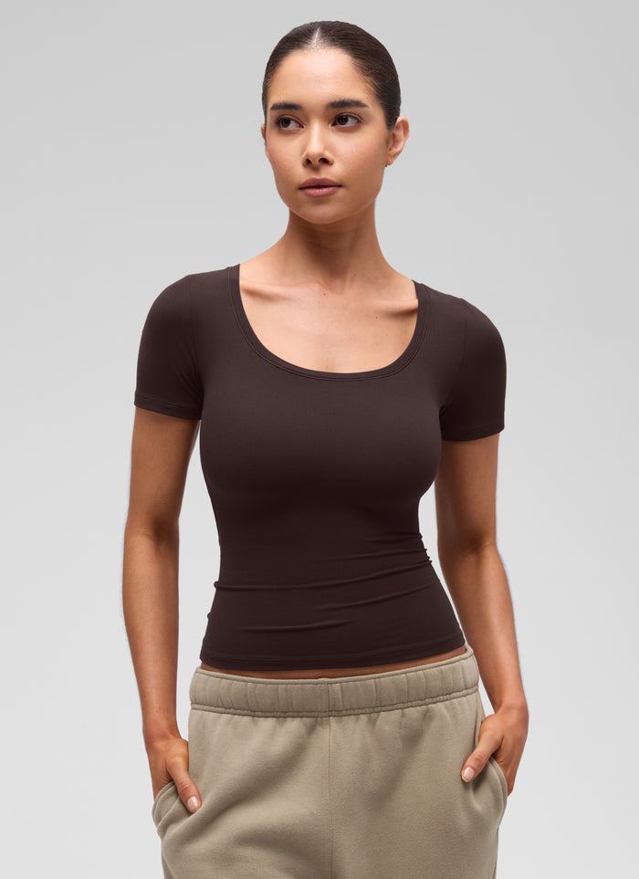 CRZ YOGA Women's Softembrace Casual U Neck Tight Fit Short Sleeve Hot Fudge Brown