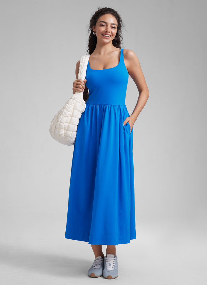 CRZ YOGA Women's Square Neck Pocket Sleeveless Maxi Padded Dress Sparkle Blue