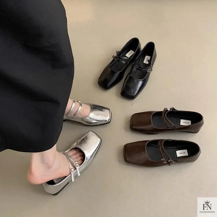 Square Toe Strap Women Flats - Fashionnsio