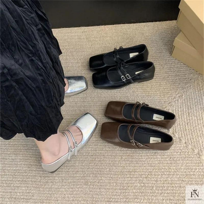 Square Toe Strap Women Flats - Fashionnsio