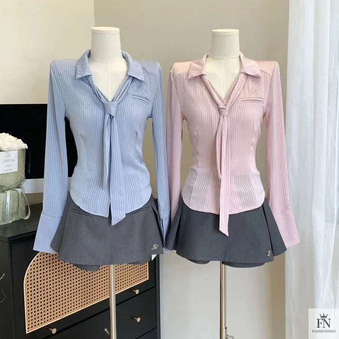 Striped Fitted Shirt Top With Tie - Fashionnsio