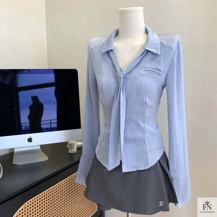 Striped Fitted Shirt Top With Tie - Fashionnsio