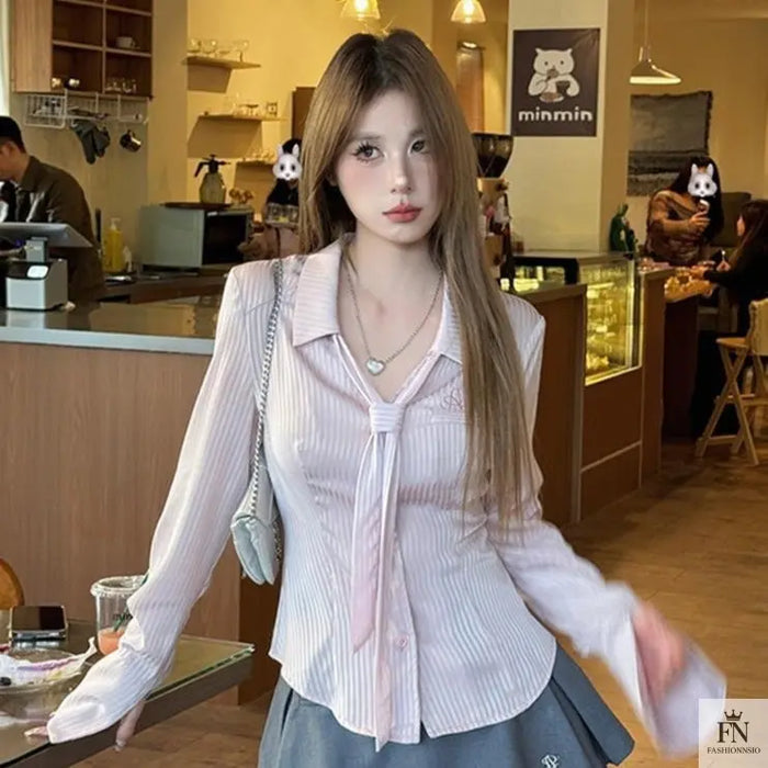 Striped Fitted Shirt Top With Tie - Fashionnsio
